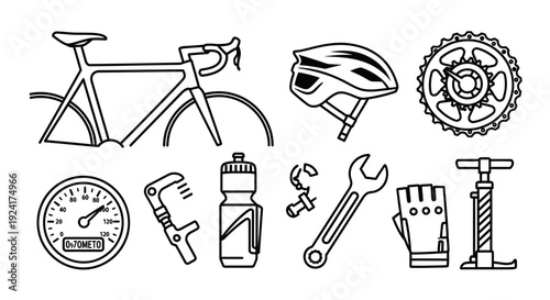 A clean line art illustration of essential cycling equipment and tools.