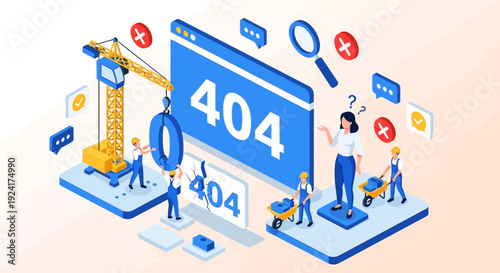 People troubleshoot 404 error on large screen with construction elements around