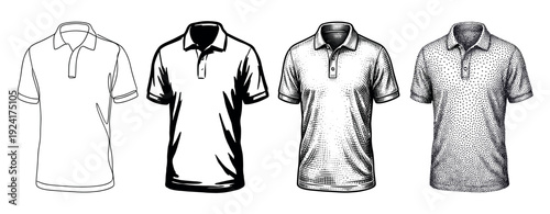 Set of four polo shirt illustrations showing different artistic styles from simple line art and silhouette to detailed hatching and stippling techniques for apparel design
