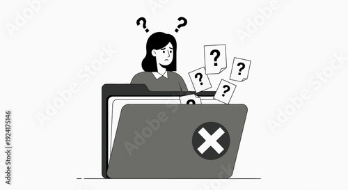A woman confused while working on a computer file with question marks surrounding her