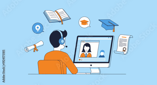 A person engaging in an online meeting or virtual learning session surrounded by educational symbols and icons
