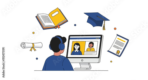 Student Engaging in Online Learning with Educational Materials Surrounding Computer Screen Depicting Virtual Classroom