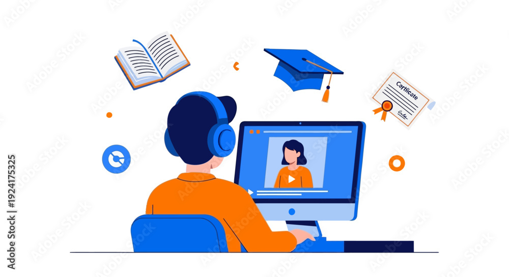 Naklejka premium Person learning online with computer and educational icons surrounding