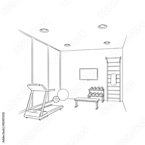 Home Gym Fitness Room Interior Sketch Black and White Coloring Page Vector Illustration
