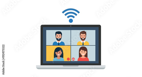 Group of people participating in a video conference on a laptop with a wireless connection