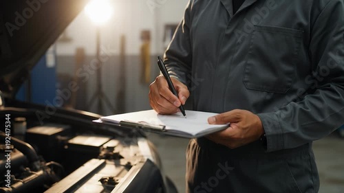 Mechanic in a garage writing on a clipboard next to a car engine