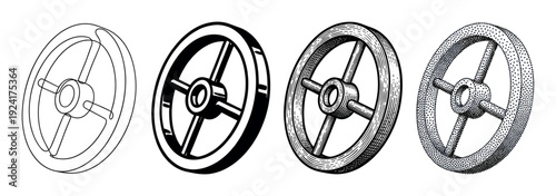 Four black and white wheel illustrations demonstrating various artistic styles including simple line drawing, bold graphic, vintage engraving, and modern pointillism