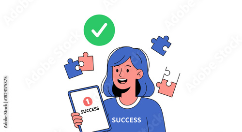 A smiling woman holding a sign with a checkmark surrounded by puzzle pieces in a celebratory scene depicting success and achievement