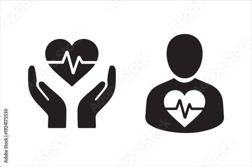 Hands cradling a heart with an electrocardiogram and a person with a heart symbol