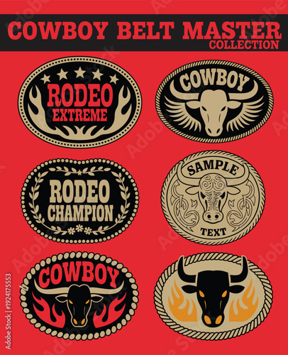 Western Style Cowboy Belt Buckle Label Master Collection Set 1 Vector
Ornate western style cowboy belt buckle label master collection set 1, featuring decorative rodeo emblems and vintage ranch badges