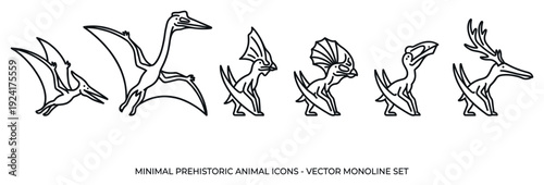 Set of minimal prehistoric animal icons featuring flying pterosaurs and crested dinosaurs drawn in a clean, simple black and white monoline vector illustration style