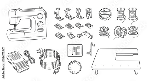 Sewing machine and its accessories set, including presser feet, bobbins, and a foot pedal, are neatly arranged in a black and white line art illustration for crafting projects