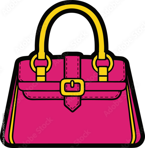 Vibrant Pink Handbag with Yellow Accents and Buckle Closure.