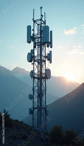 Communication tower standing tall against mountain backdrop during sunset. The telecommunications tower is equipped with antennas, enhancing connectivity in the remote area.