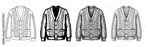 Cable-knit cardigan sweater illustrations in four different black and white artistic styles, showcasing line art, bold ink, detailed engraving, and classic pointillism techniques