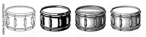 Four snare drums illustrated in a row with distinct black and white artistic styles, from simple outline and solid shapes to detailed engraving and stippling effects