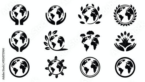 Earth day silhouette collection 12 black icons featuring globe leaves hands and eco friendly symbols on white background for environmental conservation and sustainability concepts