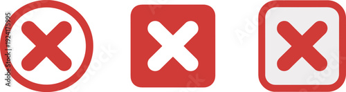 Red cross mark icon set isolated on light background, cancel and close button symbols collection for error, delete, reject, and warning design