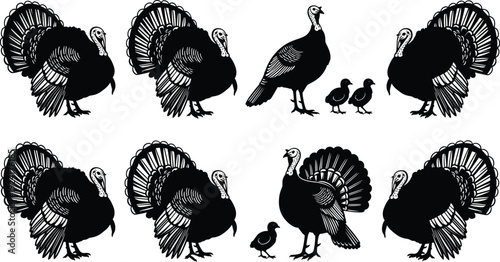 Vector Illustration Set of Turkey Silhouettes for Thanksgiving Holiday Farm Animal Protection Poultry Industry Agriculture and Minimalist Wildlife Nature Graphic Design Projects