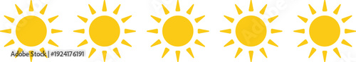 Sun icon set isolated on light background, bright yellow sunshine symbols collection for weather forecast, summer design, climate app, and solar energy concept