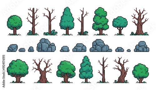 Pixel Plants and Stones Vector Set, Retro 8 Bit Video Game Sprite Assets with Rocks, Forest and Park Trees, Logs, Tree Trunks and Stumps, Isolated Game Illustration