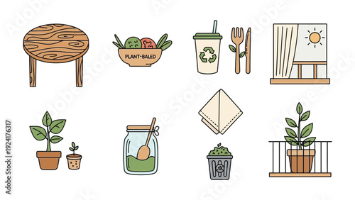 Eco-Friendly Icon Set: A vibrant collection of eco-conscious icons, celebrating sustainable living with illustrations of plant, salad, reusable items, a dining table, and natural elements.