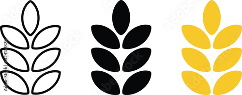 Wheat ear icon set isolated on light background, grain and agriculture symbol collection for organic food branding, farm logo, and bakery design