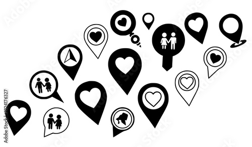 Decorative heart and love map pin icon collection isolated on transparent background