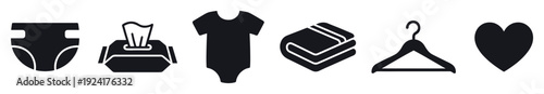 Set of black baby care icons including a diaper, wet wipes, bodysuit, folded blankets, hanger, and heart symbol arranged in a minimalist glyph style for newborn essentials