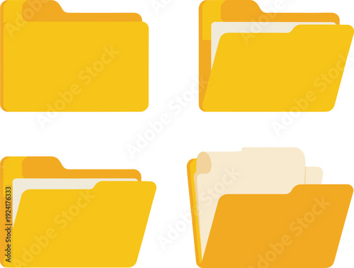 Yellow folder icon set isolated on light background, office document directory symbols collection for file management, data storage, and digital organization design