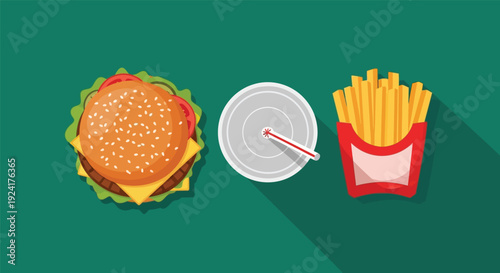 Delicious fast food meal with burger, fries, and drink