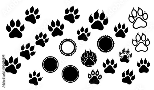 Decorative cat and dog paw icon silhouette vector collection isolated on transparent background