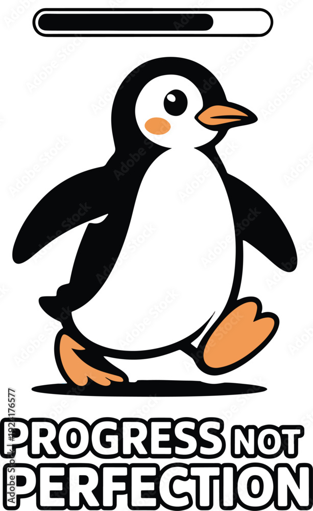 Obraz premium Cartoon penguin illustration showing progress with a loading bar above it and motivational text below the image.