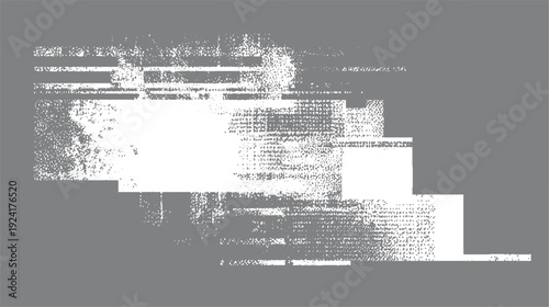 Abstract pattern of white dots and lines on a gray background with a glitch effect