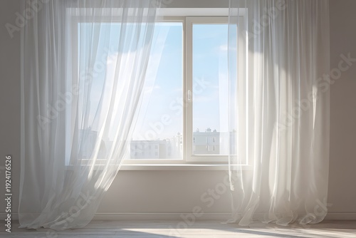 Bright minimalist interior featuring an open window with sheer curtains, allowing natural light to illuminate the space and reveal a view of buildings outside