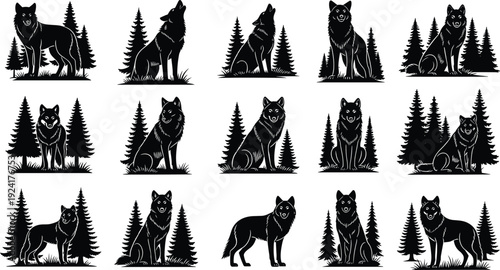 Vector Illustration Set of Wolf Silhouettes with Pine Trees for Forest Wildlife Nature Conservation Wilderness Animal Protection and Minimalist Canine Graphic Designs