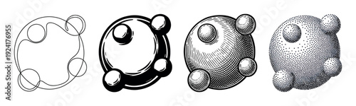 Set of four abstract spherical objects showing a progression of artistic styles from line art and stencil to engraving and stippling, rendered in black and white