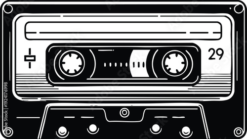 Minimalist black and white graphic illustration of a classic compact cassette tape isolated on a white background
