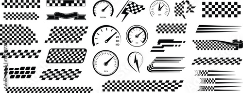 Set of racing checkered flags, speedometers, and graphic elements in a monochrome style, perfect for motorsport themes