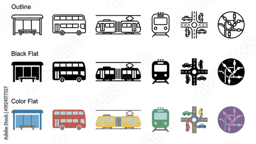 Public transportation icon set with vehicles like a bus, tram, and train in outline, black flat, and color flat styles for graphic design and user interface elements