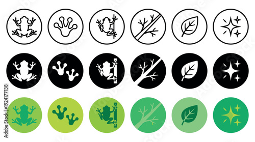 Collection of nature and ecology icons featuring frogs, footprints, leaves, and branches in various styles including line art, silhouette, and flat green color design