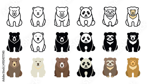 Collection of cute cartoon bear icons featuring panda, sloth, polar, and grizzly characters presented in line art, solid glyph, and flat color vector illustration styles