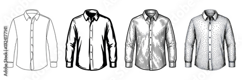 Four black and white men's shirt illustrations showing different artistic styles from simple line art to detailed engraving, high contrast graphic, and stippling techniques