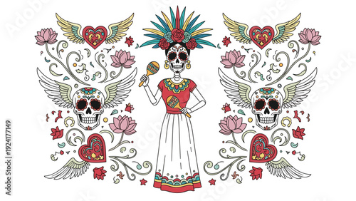 Elaborate Day of the Dead illustration featuring a skeleton woman with maracas, winged skulls, hearts, and lotus flowers in a symmetrical design.