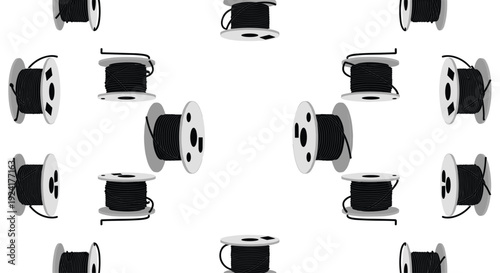 A repetitive pattern shows multiple grey plastic spools wound with thick black electrical wire arranged in a symmetrical grid on a white background.