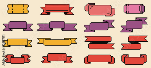 Pixel Ribbons Vector Set, Retro 8 Bit Vintage Game Asset, Blank Banner Flag Frames and Labels for Game Design, Colorful Isolated Pixel Art Collection