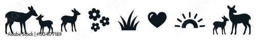 Collection of black silhouette icons featuring a mother deer with her fawn, flowers, grass, a heart, and a rising sun, representing nature, family, and new life