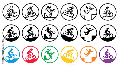 Large collection of cycling icons depicting a person on a bicycle riding uphill, going downhill, jumping on a ramp, and falling, shown in black outline, solid silhouette, and colorful styles