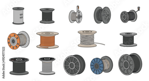 Thirteen diverse industrial wire spools and cable reels of various sizes and colors are displayed in three rows on a white background.