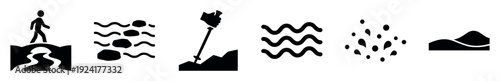 Collection of six black silhouette icons for outdoor activities, depicting a hiker on a bridge, stepping stones, a trekking pole, water waves, and a simple landscape element